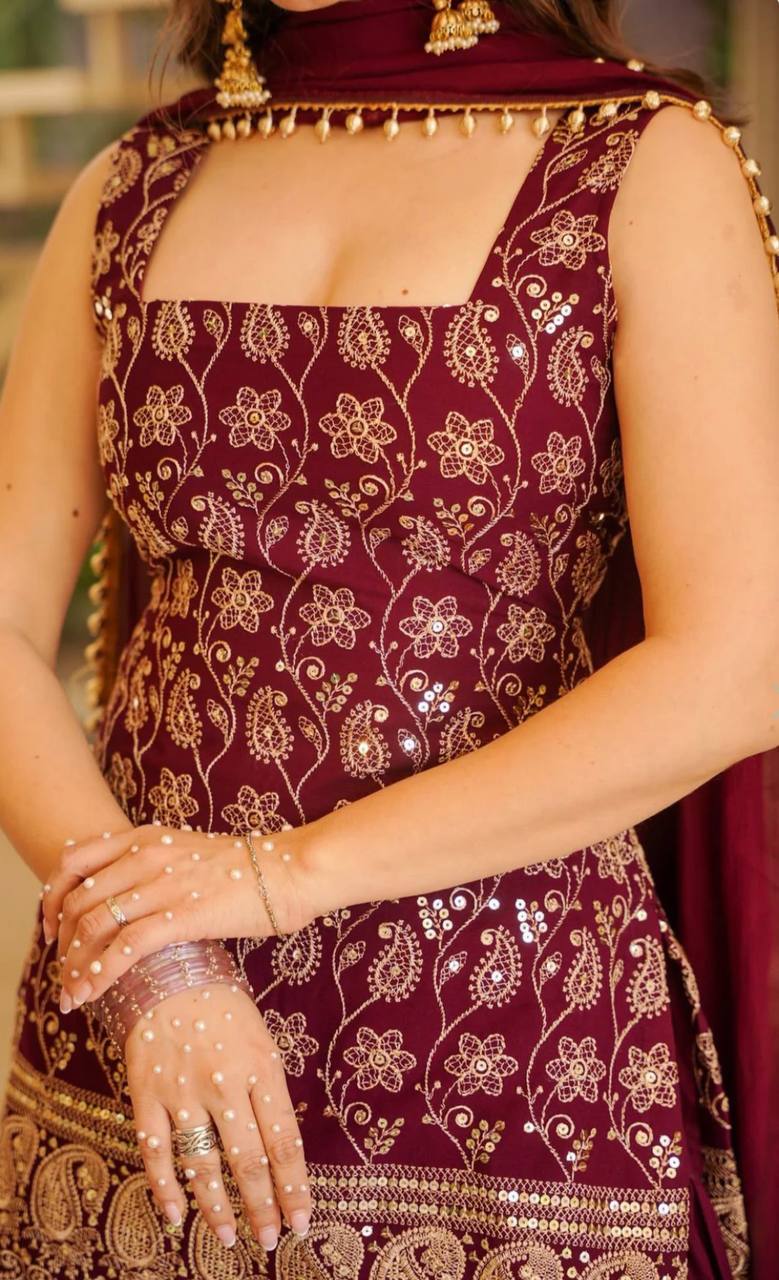 Deep Ruby Floral-Embroidered Silk Set